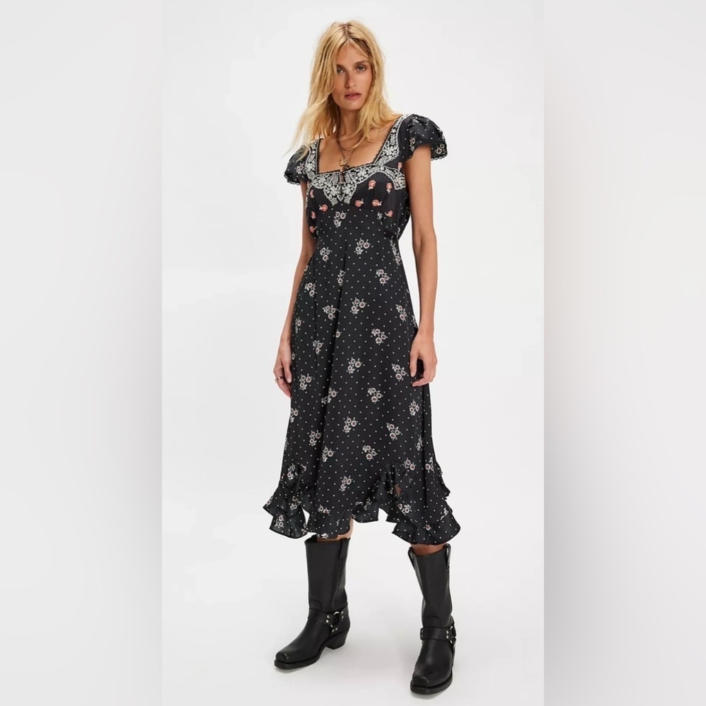 Free People Haven Midi Dress Black Combo Floral Embroidered Backless Size M NWT